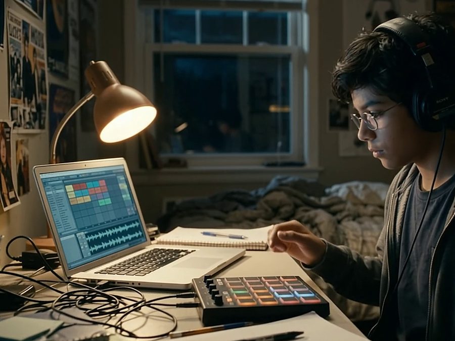 Kaza at his desk, tapping a drum pad for the first time